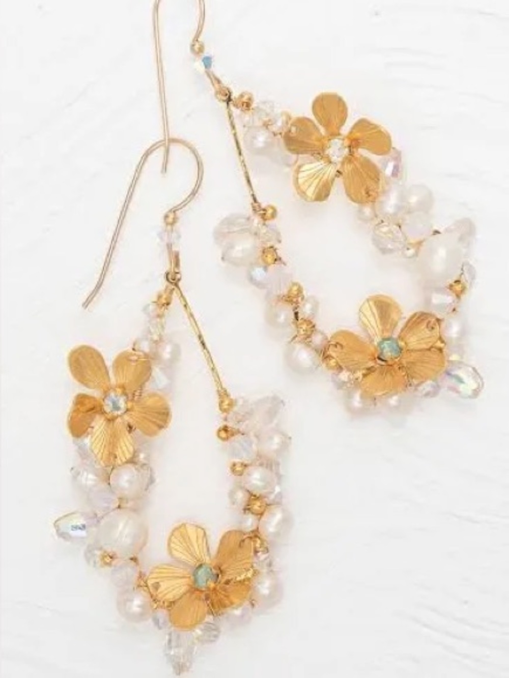 Holly Yashi Raphaela Gold Floral Pearl Drop Earrings with Crystal Centers